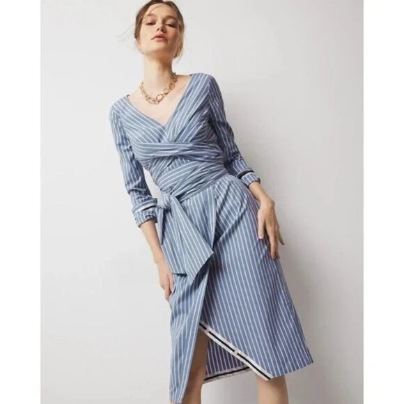 WHBM Blue & White Striped Poplin Twist Front Midi Shirt Dress Sz 10 Preppy - Picture 2 of 11